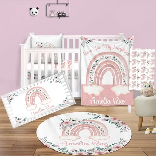 Vista 19 de Juego de ropa de cama para cuna de bebé, 5 piezas, diseño de bolas y arco iris, manta de bebé con nombre personalizado, sábana bajera para cuna