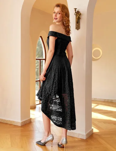 Vista 5 de HomRain - Vestido elegante con encaje floral para mujer, con hombros descubiertos y dobladillo asimétrico, para bodas, cócteles y fiestas