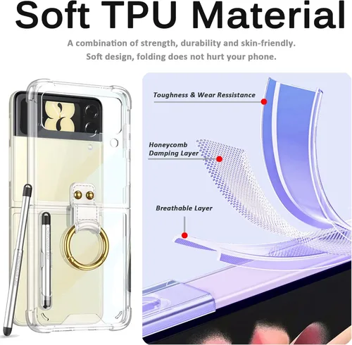 Vista 2 de Miimall Funda compatible con Samsung Galaxy Z Flip 4 2022 con bolígrafo, funda ultradelgada Flip 4 con soporte para anillo, TPU suave + PC, a prueba