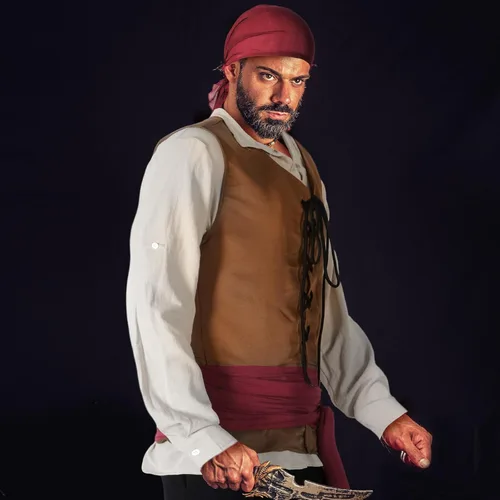 Vista 2 de Capoda Disfraz de pirata para adulto, 5 unidades, camisa vikinga medieval, pantalones de pirata, bandana, cinturón para Halloween, fiesta de cosplay