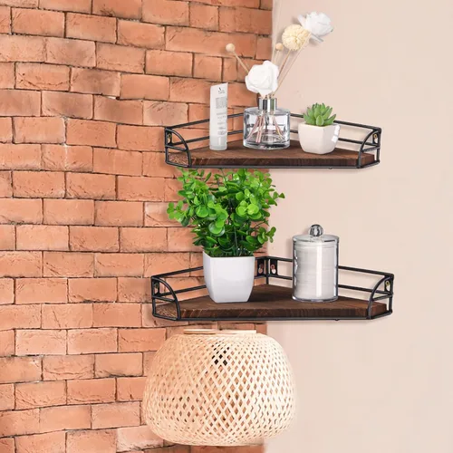 Vista 7 de Photect Estante de esquina para montaje en pared, estantes flotantes de esquina de madera, juego de 2, estante de esquina de baño, almacenamiento