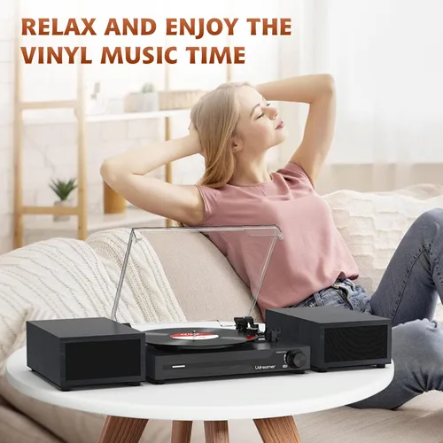 Vista 7 de Reproductor de discos de vinilo con altavoces, tocadiscos portátil Bluetooth para discos de vinilo, fonógrafo LP con reproductor de 3 velocidades