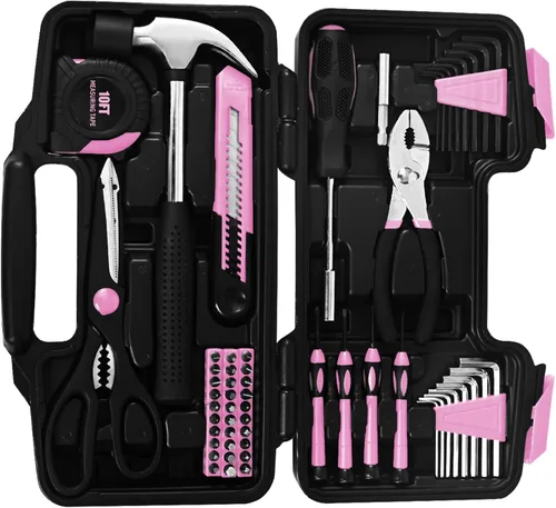 Vista 9 de Juego de herramientas para el hogar de 58 piezas, color rosa, kit de herramientas manuales para el hogar, kit de herramientas pequeñas con caja
