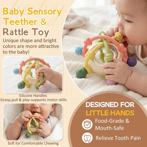 Vista 3 de Pelota de sonajero para bebés, juguetes sensoriales para dentición para Mordedor de silicona para bebés, sin BPA, juguetes para recién nacidos