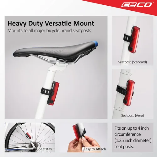 Vista 5 de CECO Luz trasera de bicicleta recargable USB de 80 lúmenes de EE. UU. - Luz trasera de bicicleta TC80 modelo súper amplia brillante - IP67