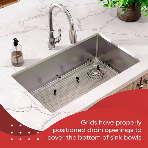 Vista 7 de Rejilla protectora para fregadero de cocina, 28.27 x 14.25 pulgadas, estante inferior de fregadero de acero inoxidable con drenaje trasero derecho