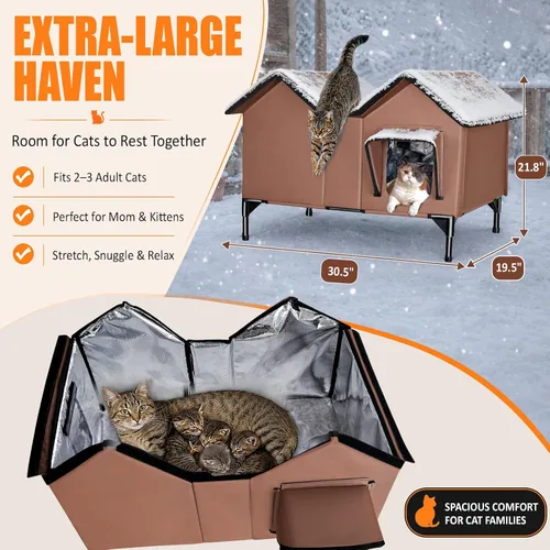 Vista 5 de Casa para gatos extra grande con calefacción para gatos exteriores, refugio de invierno aislado a la intemperie con almohadilla térmica termostática