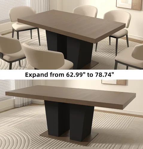Vista 3 de Henf Juego de mesa de comedor extensible de 78 pulgadas para 6 mesas rectangulares de madera de 7 piezas con 6 sillas tapizadas de terciopelo, mesa
