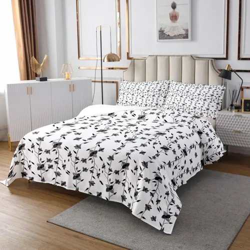 Vista 3 de Erosebridal Juego de edredón floral negro, tamaño individual, lindo juego de colcha de flores para niños y niñas, juego de colcha de acuarela