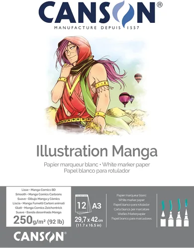 Vista 5 de Canson Illustation - Papel de dibujo de 8.82 oz/m², textura lisa de color blanco alto, bloc A4, incluye 12 hojas