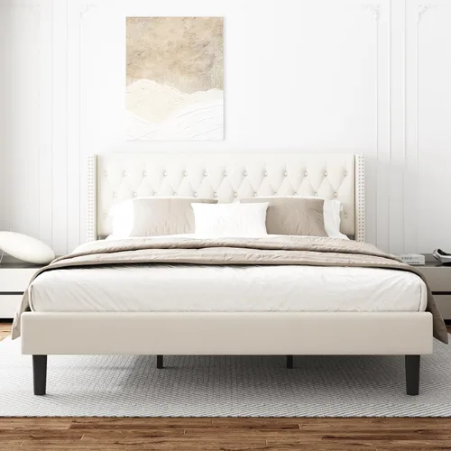 Vista 12 de HAOARA Base de cama tamaño Queen, plataforma tapizada con cabecera con respaldo de ala, botón de terciopelo, fácil montaje, no necesita somier, Beige