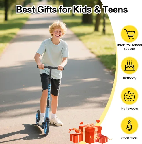 Vista 5 de SIMATE Patinete de impulso para niños, adolescentes y adultos, 4 alturas ajustables, ruedas grandes todo terreno de 8 pulgadas, plegable y ligero