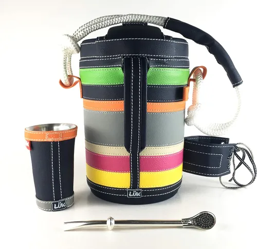 Vista 3 de Kit Tereré Yerba Mate Luk Termos Set Tereré Yerba Mate Termo+Guampa+Bombilla Artesanía Paraguaya Tiras coloridas