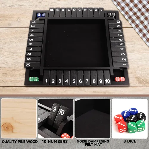 Vista 2 de GSE Games & Sports Expert Juego de mesa de dados de madera para 1-4 jugadores con 8 dados. Juego de mesa de 4 vías 10 numerados Shut The Box