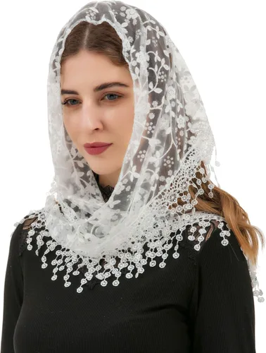 Vista 14 de Velo de Encaje Triangular Mantilla Catedral de PAMOR para Cubierta de Cabeza, Velo de Capilla para Misa, Novias, Damas de Honor beige y negro