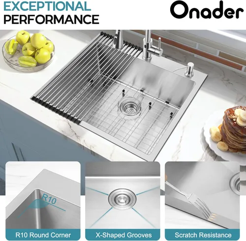 Vista 4 de Onader Fregadero de cocina de 25 x 22 pulgadas, acero inoxidable calibre 16 níquel cepillado, fregadero de cocina moderno con accesorios, 10