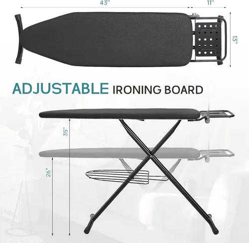 Vista 4 de RAINHOL - Tabla de planchar de tamaño completo, 43 x 13 pulgadas, tabla de planchar resistente con soporte para plancha y estante para ropa