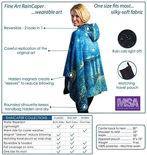 Vista 6 de RainCaper Capa de lluvia para mujer, impermeable, con capucha, reversible, bellas artes