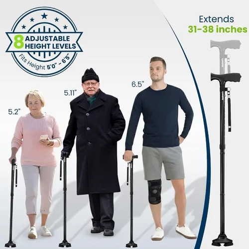 Vista 5 de Bastón para hombres y mujeres – Plegable, ajustable, bastón autoestable con base pivotante de 360°, agarre cómodo, bastones resistentes para Negro