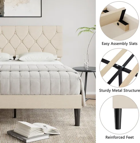 Vista 4 de VECELO Base de cama tamaño completo con cabecera capitoné con botones, plataforma tapizada con soporte de listones de madera, no necesita somier