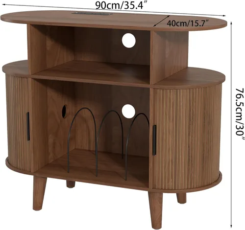 Vista 2 de LUVIOHOME Soporte redondo para tocadiscos, mesa de tocadiscos de mediados de siglo, estante para tocadiscos de vinilo con salida de corriente