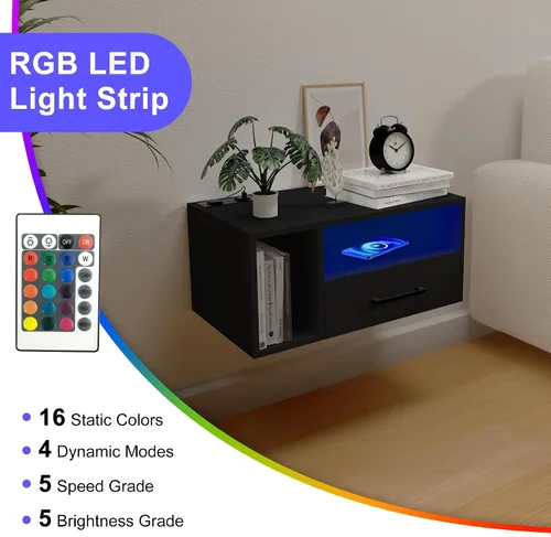 Vista 5 de Homaterial Mesita de noche flotante con estación de carga y luces LED, mesita de noche flotante con cajones, mesitas de noche montadas en la pared