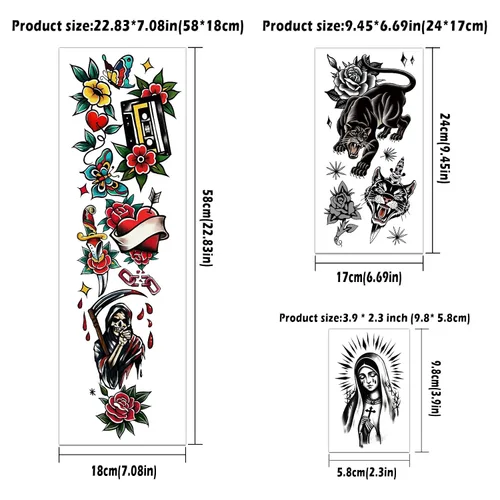 Vista 5 de Tatuajes temporales para adultos, manga completa, tatuajes falsos tradicionales de la vieja escuela, tatuajes de rosas de flores para mujeres