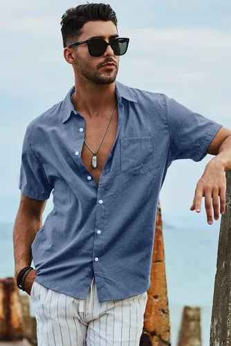 Vista 135 de JMIERR Camisas de vestir a rayas con botones y manga corta para hombre