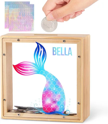 Vista 9 de Alcancía para niños, banco de monedas de madera para niños y niñas, dinosaurio unicornio alcancía con calcomanías de bricolaje para cumpleaños