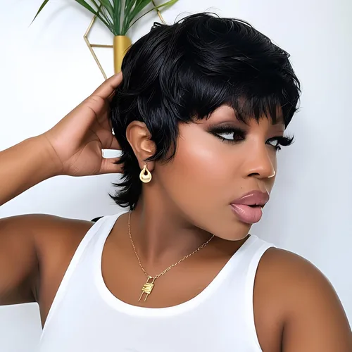 Vista 15 de Peluca de cabello humano con corte Pixie para mujeres negras, 100% cabello humano real, peluca corta y recta sin pegamento con flequillo, hecha a