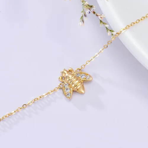 Vista 4 de MUUYON Tobillera de abeja de oro de 14 quilates para mujer, pulsera de tobillo con dije de abeja de oro amarillo real para mujer, para niñas