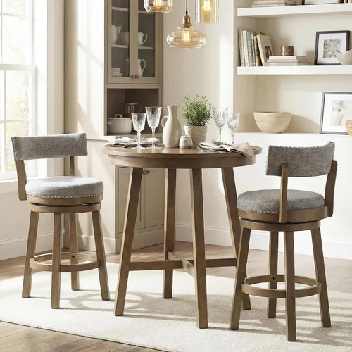 Vista 2 de COSTWAY Taburete de bar giratorio de 27 pulgadas, con respaldo acolchado y patas de madera de goma, silla de desayuno para isla de cocina