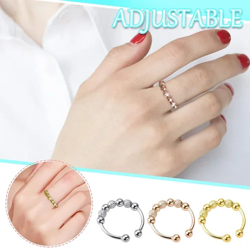 Vista 2 de Anillos de boda estéticos para mujeres, adolescentes, niñas, 3 piezas y cuentas en espiral, giro de una sola vuelta, anti estrés, anillos apilables