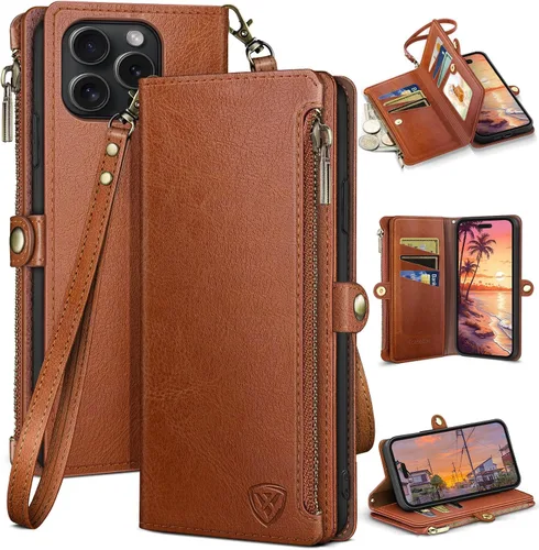 Vista 10 de XcaseBar Funda tipo cartera compatible con iPhone 14 Pro Max de 6.7 pulgadas con cremallera y tarjetero de crédito, bloqueo RFID, funda de piel