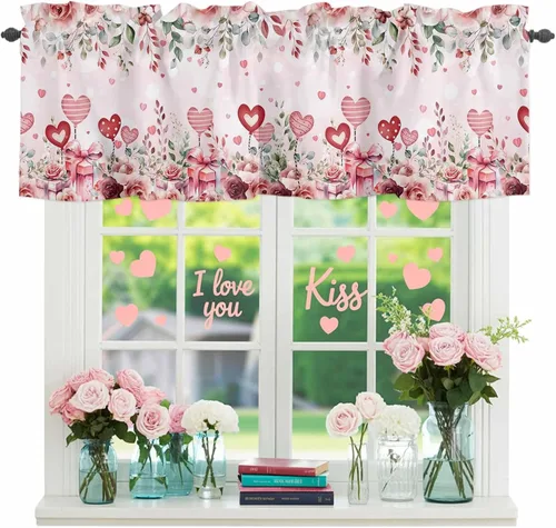 Vista 11 de Cenefa floral para ventanas, cortinas de clavel rojo y rosa, cenefas con bolsillo para barra, cenefa de ventana para primavera, vacaciones, día