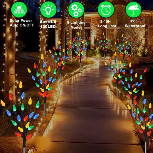 Vista 3 de Actualizado 6 paquetes de 120 luces LED C6 solares de Navidad, luces de Navidad para exteriores, 8 modos de luces impermeables para caminos