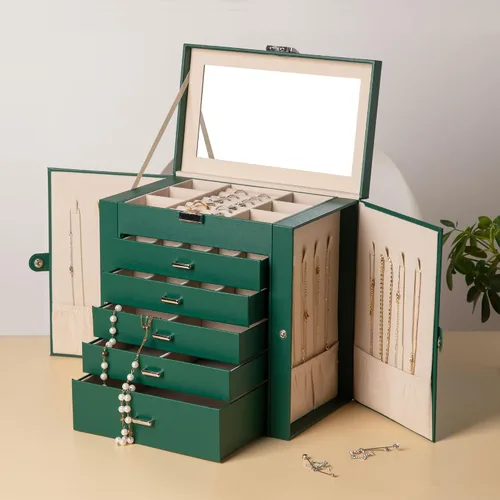 Vista 5 de Frebeauty Joyero grande, organizador de joyas de piel sintética de 6 niveles con cerradura, estuche de almacenamiento multifuncional con espejo