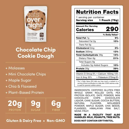 Vista 2 de Oats Overnight - Chocolate Chip Cookie Dough - Batido de desayuno alto en fibra, vegano, con 20 g de proteína, sin gluten, sin OGM