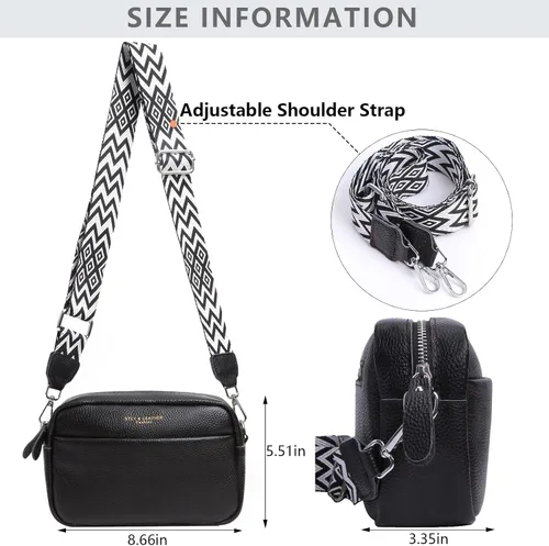 Vista 6 de Bolso cruzado para mujer de cuero genuino con correa ancha, bolso de hombro, bolso de mano, diseño moderno, bolso cruzado para cámara, cierre