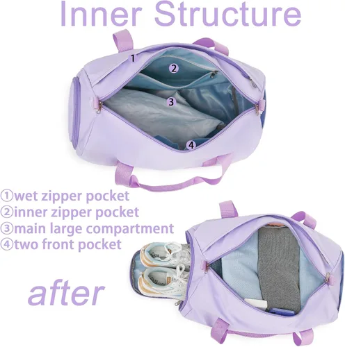 Vista 4 de Bolsa de viaje deportiva para gimnasio para hombres y mujeres con compartimento para zapatos, bolsillo húmedo, Púrpura (pure purple), Bolsa de lona