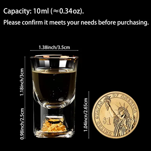 Vista 2 de Juego de 6 vasos de chupito de 0.3 fl oz (0.33 onzas) Shot Cups Decorated with 24K Gold Flakes for Whiskey, Tequila, Vodka, Mini Shot Glass