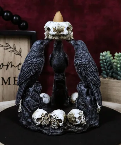 Vista 7 de Ebros Gift Gótico Macabre Quoth The Raven Nevermore Trio 3 Ravens with Skulls Backflow Incienso Cono Quoth Figurine Ravens Crows Wicca Brujería