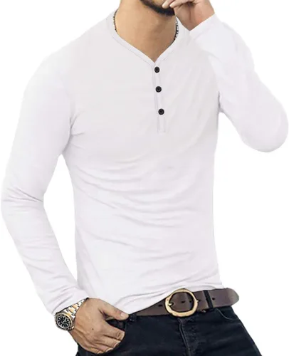 Vista 2 de MLANM Camiseta básica Henley de algodón de manga corta y larga para hombre