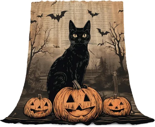 Vista 9 de YeeJu Manta de Halloween de calabaza espeluznante vintage para bebé y mascota, acogedora, suave y mullida, manta de forro polar de felpa para sofá