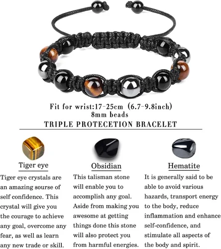 Vista 2 de Pulsera de triple protección, pulsera de cuentas de obsidiana negra y hematita genuina con ojo de tigre para hombres y mujeres, pulseras curativas