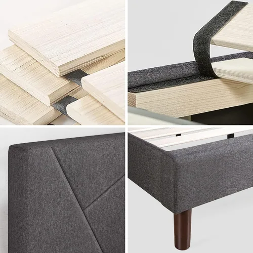 Vista 5 de Plataforma Zinus revestida, acolchada, con paneles geométricos, base de colchón, fácil montaje, soporte con listones de madera, Tela, gris