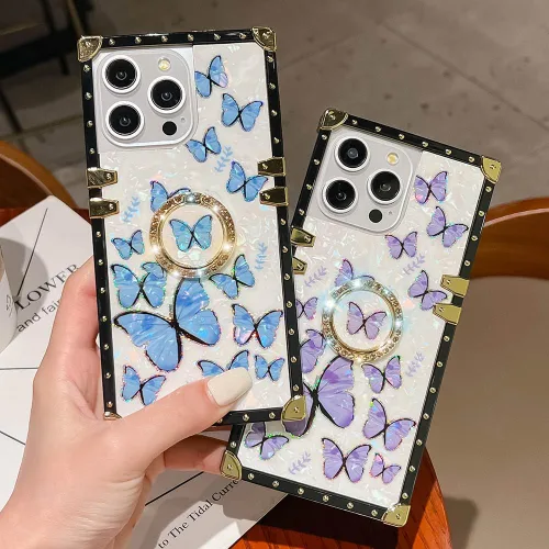 Vista 4 de Funda Rectangular de Lujo Femenina Compatible con iPhone 16 Pro Max Diseñada con Soporte de Anillo de Diamante con Función de Atril