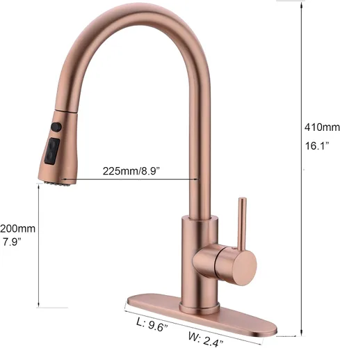 Vista 9 de Delle Rosa Grifo de cocina de cobre y oro rosa, montaje en cubierta, acero inoxidable 304, manija única, configuración de rociado de 3 vías, fácil