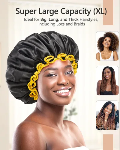 Vista 28 de Gorro de ducha negro extra grande para mujeres y hombres con cabello grueso, largo y trenzas, reutilizable, impermeable, de doble capa XL, gorros