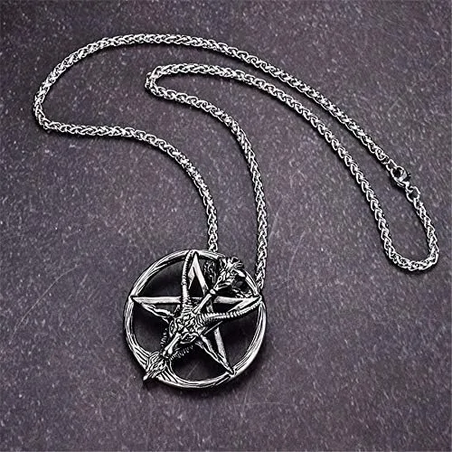 Vista 4 de Collar de pentáculo de acero inoxidable con cabeza de cabra satánica Baphomet, colgante de pentagrama invertido, cadena de 24 pulgadas, Acero